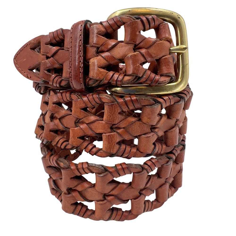 Mens‎ Braided Woven Leather Belt Brown Solid Brass Buckle 36 Vintage 90s